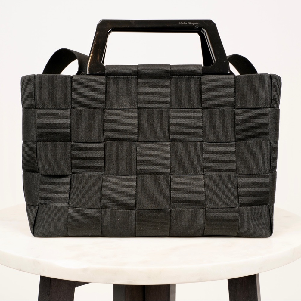 Salvatore Ferragamo ribbon weave handbag with polished lacquer handles, used